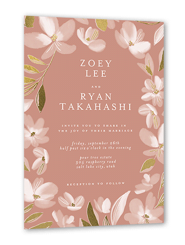 Whispy Florals Wedding Invitation, Pink, Gold Foil, 5x7 Flat, Luxe Double-Thick Cardstock, Square