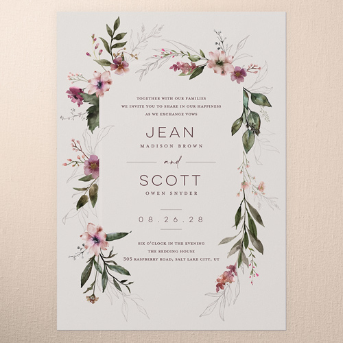 Delicate Perennials Wedding Invitation, Purple, 5x7 Flat, Pearl Shimmer Cardstock, Square