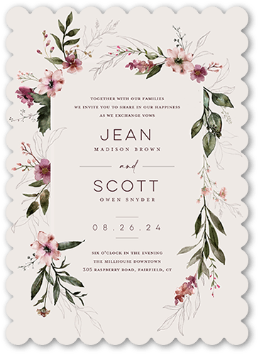 Delicate Perennials Wedding Invitation, Purple, 5x7 Flat, Matte, Signature Smooth Cardstock, Scallop