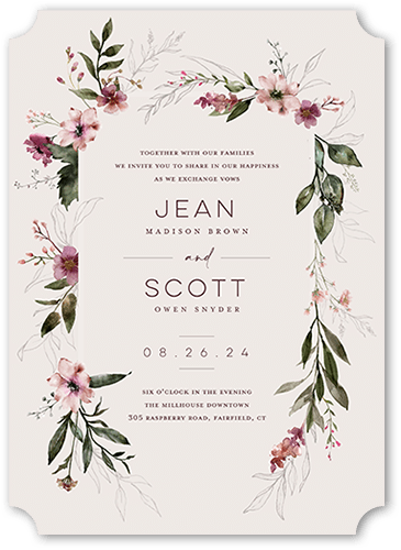 Delicate Perennials Wedding Invitation, Purple, 5x7 Flat, Pearl Shimmer Cardstock, Ticket
