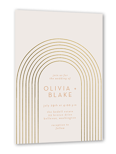 Arch Skyward Wedding Invitation, Grey, Gold Foil, 5x7 Flat, Pearl Shimmer Cardstock, Square