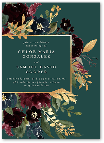 Bouquet Garland Wedding Invitation, Green, 5x7 Flat, Luxe Double-Thick Cardstock, Square