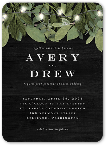 Lit Foliage Wedding Invitation, Black, 5x7 Flat, Pearl Shimmer Cardstock, Rounded, Black