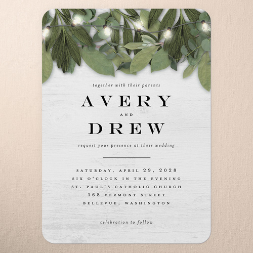 Lit Foliage Wedding Invitation, White, 5x7 Flat, 100% Recycled Cardstock , Rounded, White