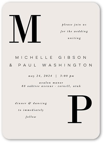 Big Letters Wedding Invitation, Grey, 5x7 Flat, Pearl Shimmer Cardstock, Rounded, Whisper Gray