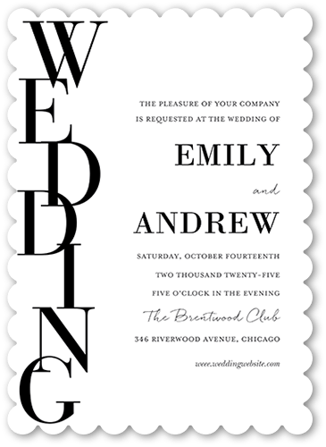 Stacked Standout Wedding Invitation, none, White, 5x7 Flat, Pearl Shimmer Cardstock, Scallop