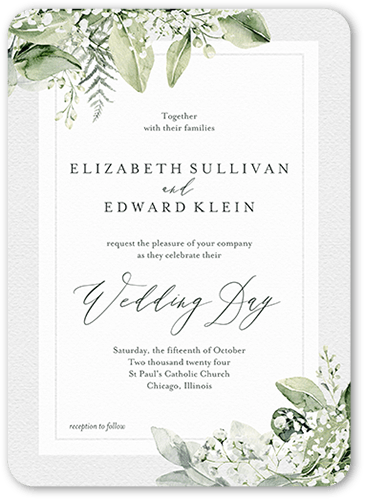 Lovely Lush Wedding Invitation, White, 5x7 Flat, Pearl Shimmer Cardstock, Rounded