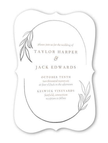 Ornate Oval Wedding Invitation, White, Silver Foil, 5x7, Pearl Shimmer Cardstock, Bracket