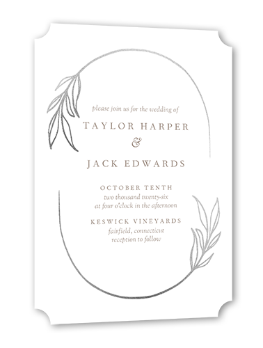 Ornate Oval Wedding Invitation, White, Silver Foil, 5x7 Flat, Matte, Signature Smooth Cardstock, Ticket