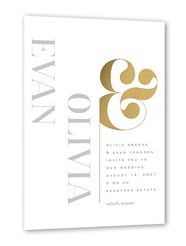 Alluring Ampersand Wedding Invitation, White, Gold Foil, 5x7 Flat, Pearl Shimmer Cardstock, Square