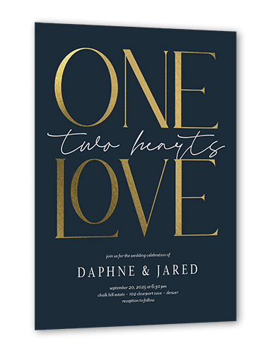 One Love Wedding Invitation, Gold Foil, Blue, 5x7 Flat, Matte, Signature Smooth Cardstock, Square, Navy