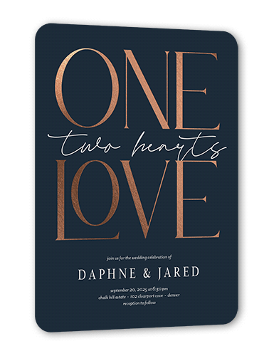 One Love Wedding Invitation, Rose Gold Foil, Blue, 5x7 Flat, Matte, Signature Smooth Cardstock, Rounded