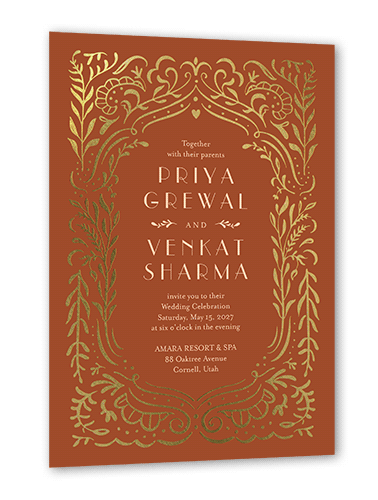 Wonderful Weave Wedding Invitation, Orange, Gold Foil, 5x7 Flat, Pearl Shimmer Cardstock, Square
