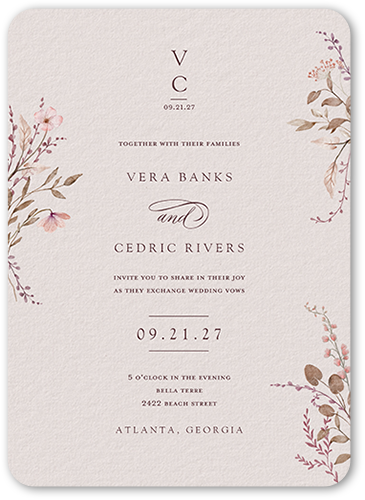 Blissful Bloom Wedding Invitation, Pink, 5x7 Flat, Pearl Shimmer Cardstock, Rounded