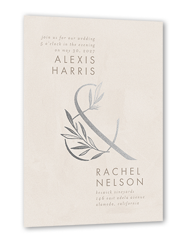 Splendid Spruce Wedding Invitation, Silver Foil, Beige, 5x7 Flat, Pearl Shimmer Cardstock, Square
