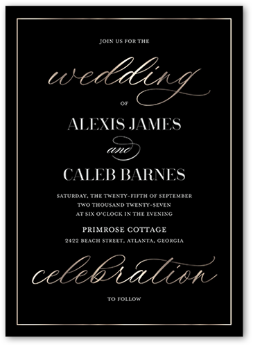 Elegantly Engaged Wedding Invitation, Black, 5x7 Flat, Pearl Shimmer Cardstock, Square