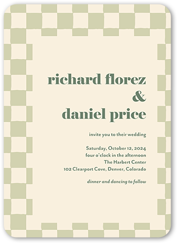 Checkerboard Chapel Wedding Invitation, Green, 5x7 Flat, Standard Smooth Cardstock, Rounded, White