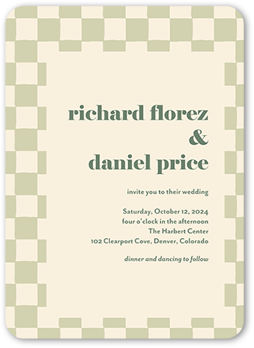 Checkerboard Chapel Wedding Invitation, Green, 5x7 Flat, Standard Smooth Cardstock, Rounded, Sage