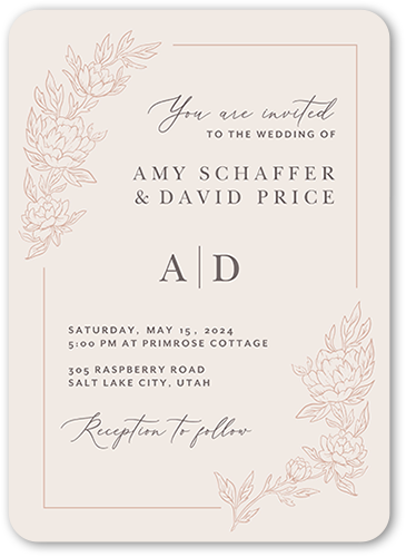 Floral Curve Wedding Invitation, Pink, 5x7, Pearl Shimmer Cardstock, Rounded