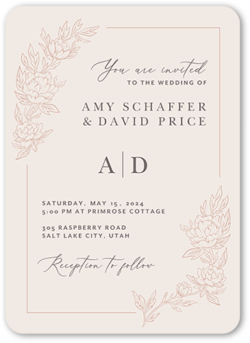 Floral Curve Wedding Invitation, Pink, 5x7 Flat, Pearl Shimmer Cardstock, Rounded