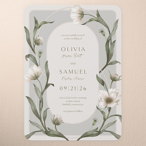 Enveloping Perennial Wedding Invitation, Gray, 5x7 Flat, Pearl Shimmer Cardstock, Rounded
