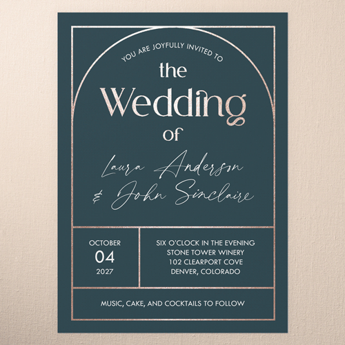 Geometric Impression Wedding Invitation, Rose Gold Foil, Blue, 5x7 Flat, Pearl Shimmer Cardstock, Square
