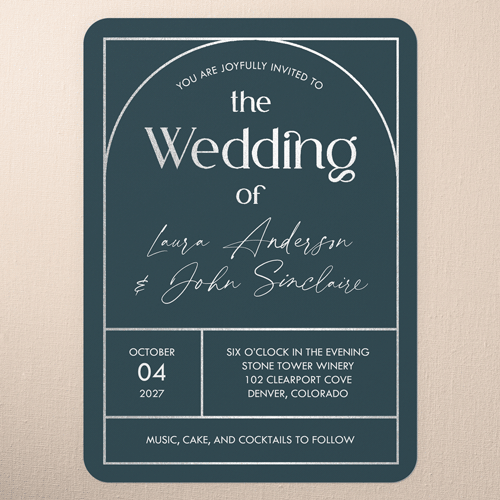 Geometric Impression Wedding Invitation, Blue, Silver Foil, 5x7 Flat, Pearl Shimmer Cardstock, Rounded, Seabrook