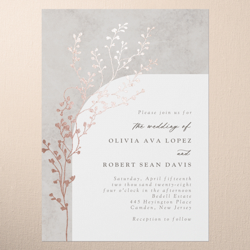 Beaming Branch Wedding Invitation, Rose Gold Foil, Gray, 5x7 Flat, Luxe Double-Thick Cardstock, Square, Gray