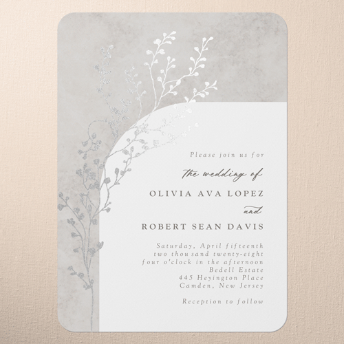 Beaming Branch Wedding Invitation, Silver Foil, Gray, 5x7 Flat, Pearl Shimmer Cardstock, Rounded, Gray