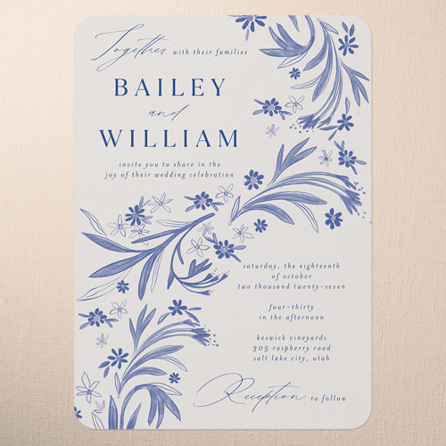 Floral Whimsy Wedding Invitation, Blue, 5x7 Flat, Pearl Shimmer Cardstock, Rounded