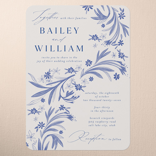 Floral Whimsy Wedding Invitation, Blue, 5x7 Flat, 100% Recycled Cardstock ?, Rounded