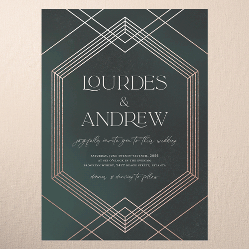 Diamond Deco Wedding Invitation, Rose Gold Foil, Green, 5x7 Flat, Luxe Double-Thick Cardstock, Square