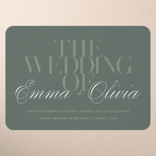Serene Simplicity Wedding Invitation, Green, 5x7 Flat, Matte, Signature Smooth Cardstock, Rounded