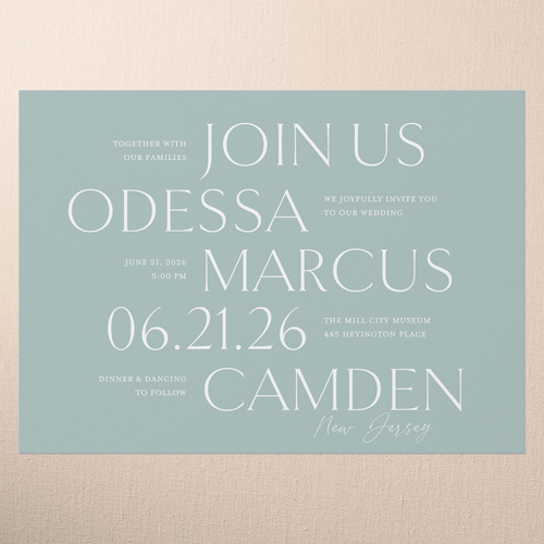 Staggered Type Wedding Invitation, Green, 5x7 Flat, Pearl Shimmer Cardstock, Square