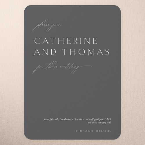 Smooth Sweeping Script Wedding Invitation, Gray, 5x7 Flat, Pearl Shimmer Cardstock, Rounded, Gray