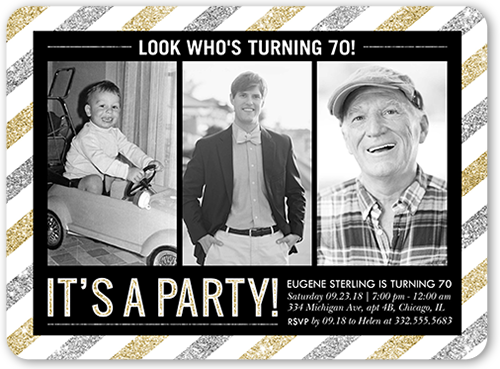 Striped Party Birthday Invitation, Black, 100% Recycled Cardstock , Rounded