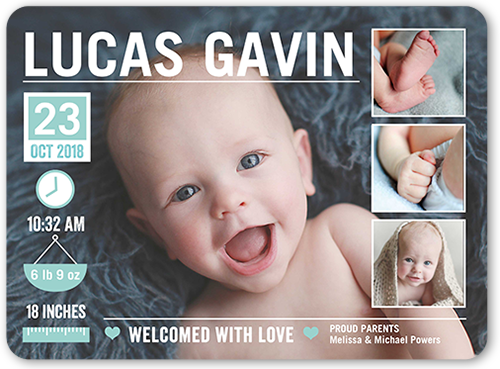 Baby Info Boy Birth Announcement, Blue, 6x8 Flat, 100% Recycled Cardstock , Rounded, Frost