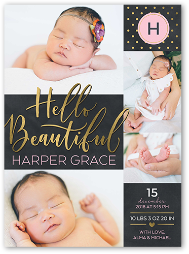 Hello Script Girl Birth Announcement, Grey, Signature Smooth Cardstock, Square