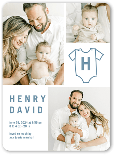 Monogram Onesie Birth Announcement, White, 6x8 Flat, 100% Recycled Cardstock , Rounded, White