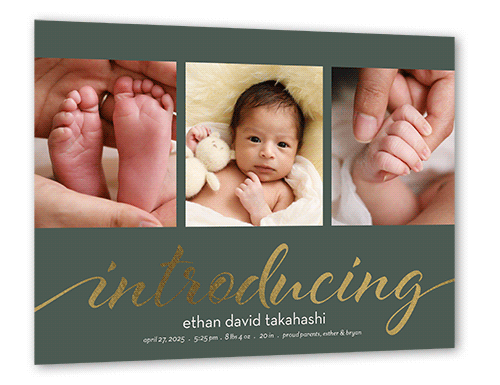 Shining Introductions Birth Announcement, Green, Gold Foil, 6x8 Flat, Signature Smooth Cardstock, Square