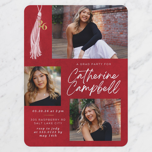 Refined Tassel Graduation Invitation, Red, 6x8 Flat, Pearl Shimmer Cardstock, Rounded, Red