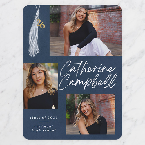 Refined Tassel Graduation Announcement, Blue, 6x8 Flat, Pearl Shimmer Cardstock, Rounded, Indigo