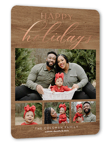 Rustic Festive Moments Holiday Card, Beige, Rose Gold Foil, 6x8 Flat, Holiday, Signature Smooth Cardstock, Rounded, Tan