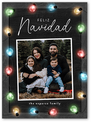 Colorful Bulb Lights Holiday Card, Black, 6x8 Flat, Feliz Navidad, Luxe Double-Thick Cardstock, Square