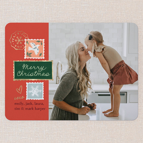 Seasonal Stamps Holiday Card, Red, 6x8 Flat, Christmas, Signature Smooth Cardstock, Rounded