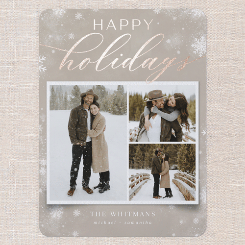 Stunning Snowfall Holiday Card, Rose Gold Foil, Beige, 6x8 Flat, Holiday, Signature Smooth Cardstock, Rounded, Sandstone