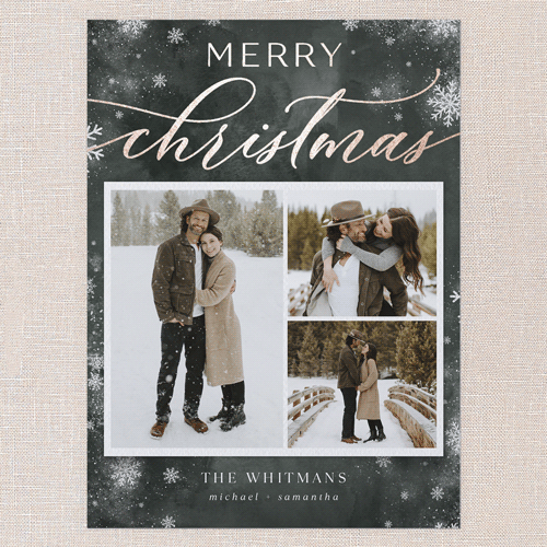 Stunning Snowfall Holiday Card, Rose Gold Foil, Green, 6x8 Flat, Christmas, Signature Smooth Cardstock, Square, Green