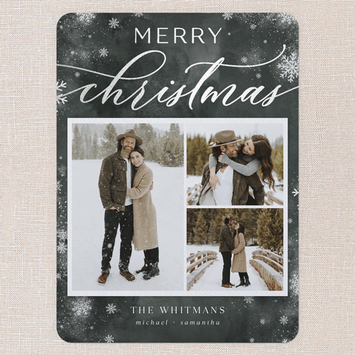 Stunning Snowfall Holiday Card, Silver Foil, Green, 6x8 Flat, Christmas, Signature Smooth Cardstock, Rounded, Green