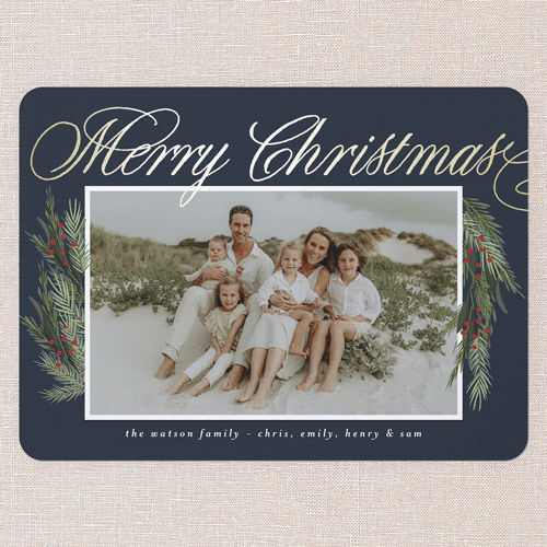 Winter Retreat Holiday Card, Gold Foil, Blue, 6x8 Flat, Christmas, Signature Smooth Cardstock, Rounded, Blue