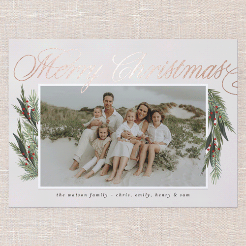 Winter Retreat Holiday Card, Rose Gold Foil, White, 6x8 Flat, Christmas, Luxe Double-Thick Cardstock, Square, White